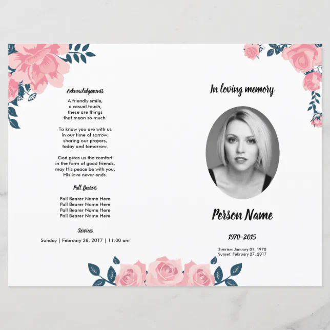 PINK ROSE FLOWER | Funeral Program Template | Zazzle