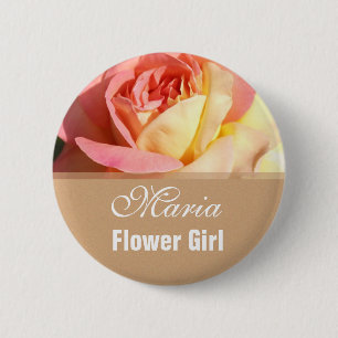 Pink rose flower girl  wedding name button. button