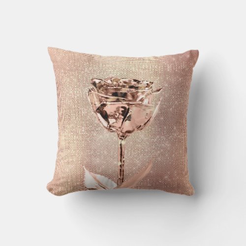 Pink Rose Flower Gold Copper Sequin Sparkly Throw Pillow