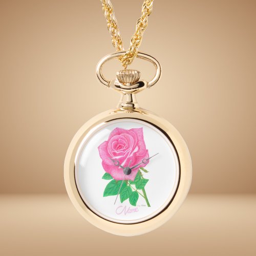 Pink Rose Flower Gold Necklace Watch
