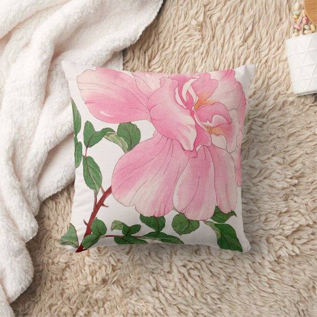 Pink Rose Flower & Green Leaves Throw Pillow (Blanket)