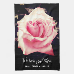 Pink Rose Flower Love you Mom Photo Script Kitchen Towel