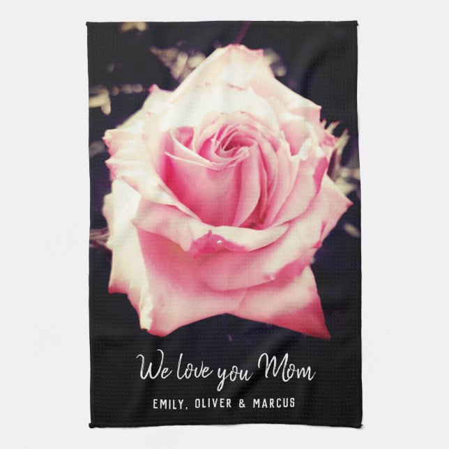 Pink Rose Flower Love you Mom Photo Script Kitchen Towel (Vertical)