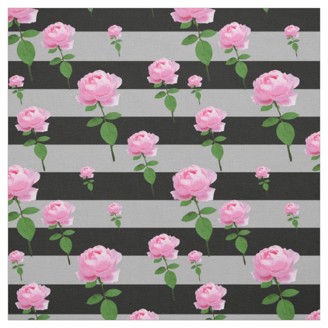 Pink Rose Flower On Grey Black Stripes Pattern Fabric (Swatch)