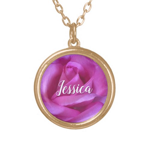 Pink Rose Flower Photo Custom Name Script Modern Gold Plated Necklace