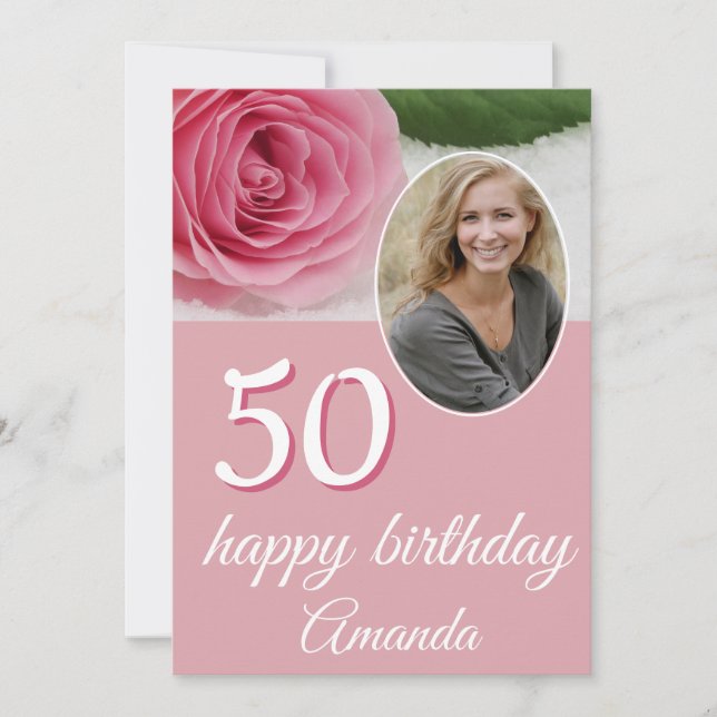 Pink Rose Flower Photo Floral 50th Birthday Card (Front)