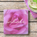 Pink Rose Flower Photo Inhale Script Modern Bold Stone Coaster<br><div class="desc">A close-up photo of a vibrant pink rose makes you want to "stop and smell the flowers". Relax with your favorite beverage and inhale the beauty of this photograph whenever you use this stunning photography stone coaster. Makes a great housewarming gift! You can easily personalize this stone coaster plus I...</div>