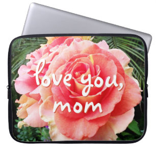 Pink Rose Flower Photography Love You Mom Script  Laptop Sleeve