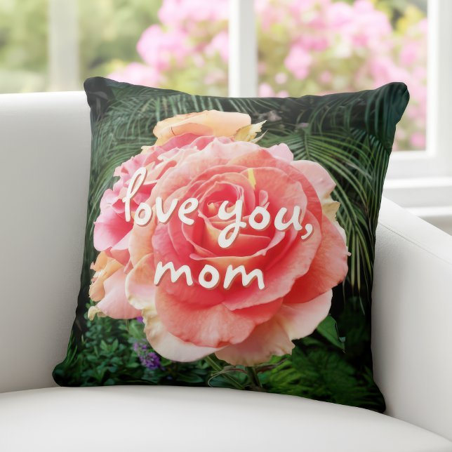 Pink Rose Flower Photography Love you Mom Script Throw Pillow (Creator Uploaded)