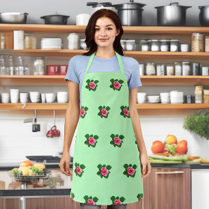 Pink Rose Flower Seamless Pattern on Light Green Apron