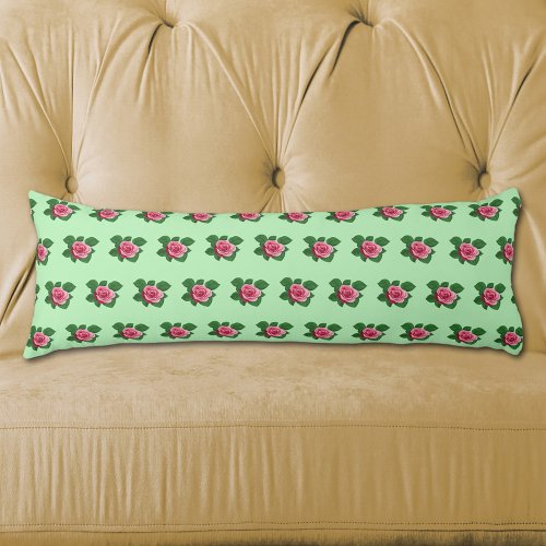 Pink Rose Flower Seamless Pattern on Light Green Body Pillow
