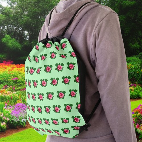 Pink Rose Flower Seamless Pattern on Light Green Drawstring Bag