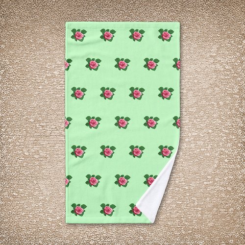 Pink Rose Flower Seamless Pattern on Light Green Hand Towel
