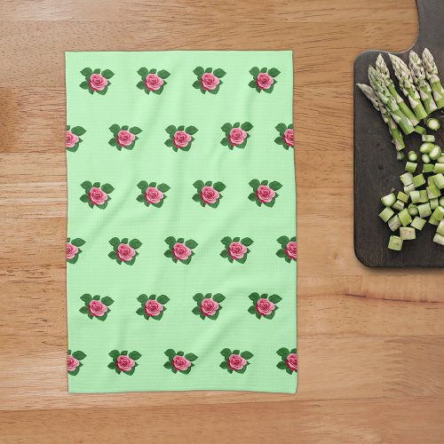 Pink Rose Flower Seamless Pattern on Light Green Kitchen Towel