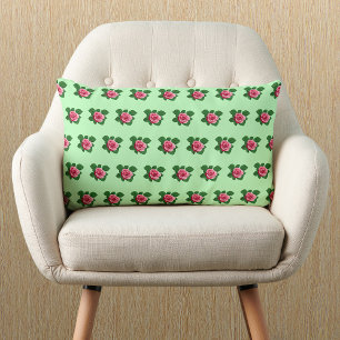 Pink Rose Flower Seamless Pattern on Light Green Lumbar Pillow