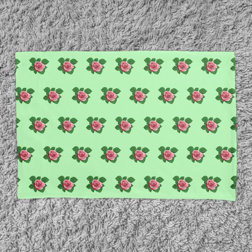 Pink Rose Flower Seamless Pattern on Light Green Pillow Case