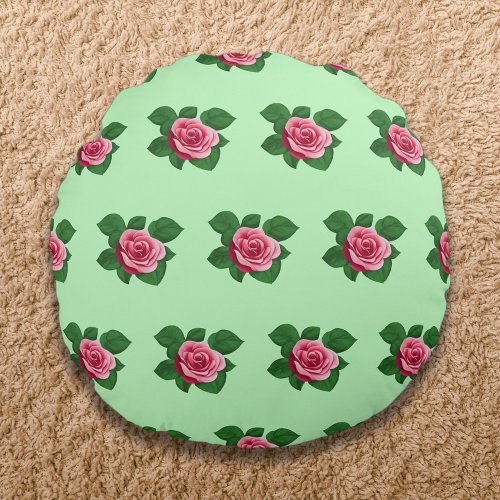 Pink Rose Flower Seamless Pattern on Light Green Round Pillow