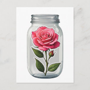 Pink Rose Flower Stalk In A Glass Bottle Postcard