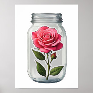 Pink Rose Flower Stalk In A Glass Bottle Poster