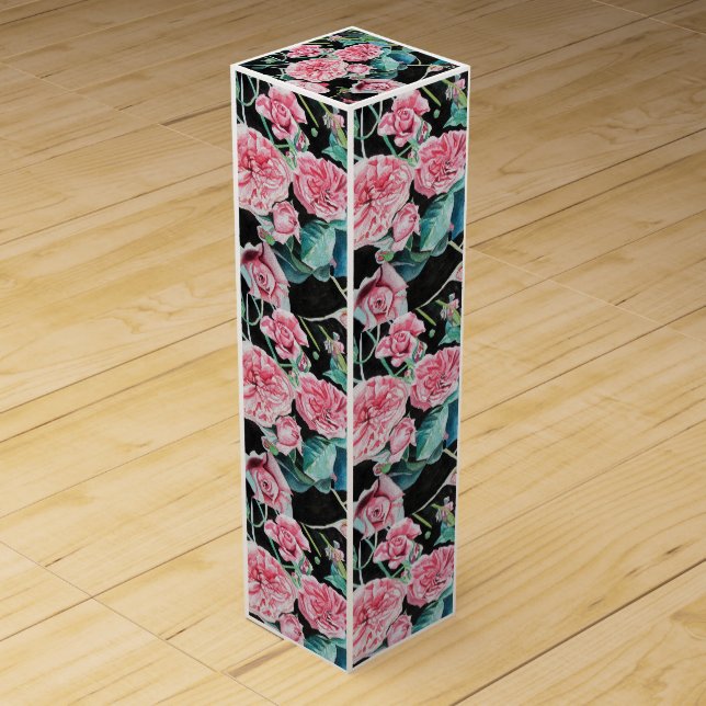 Pink Rose flower Watercolor Painting Art Roses Wine Box (Front)