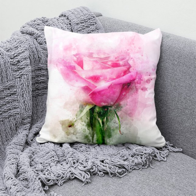 Pink Rose flower watercolor - wb Throw Pillow (Creator Uploaded)