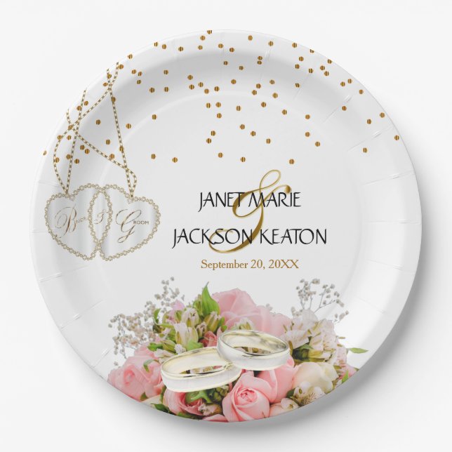 Pink Rose Flower Wedding Paper Plates (Front)