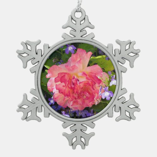 Pink rose flowers among blue lobebelia flowers snowflake pewter christmas ornament