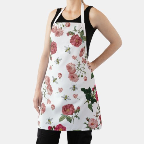 Pink Rose Flowers and Bees Vintage Floral Feminine Apron