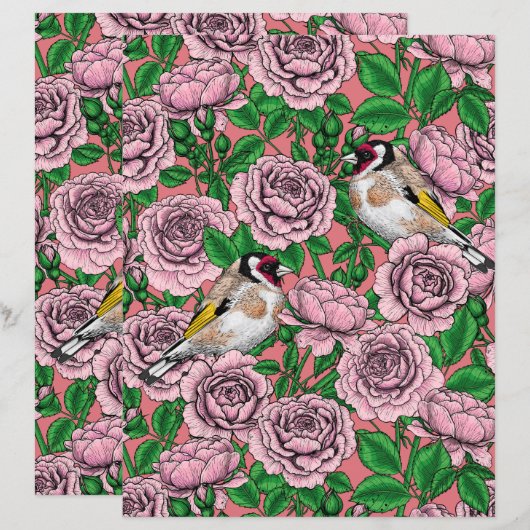 Pink Rose flowers and goldfinch birds (Front/Back)
