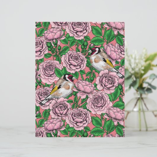 Pink Rose flowers and goldfinch birds (Standing Front)