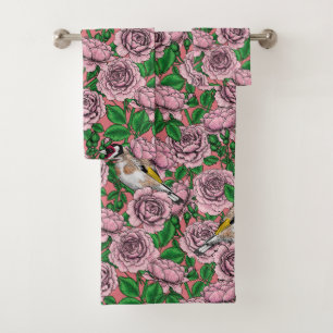 Pink Rose flowers and goldfinch birds Bath Towel Set