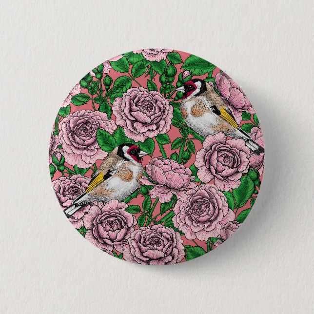 Pink Rose flowers and goldfinch birds Button (Front)