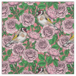 Pink Rose flowers and goldfinch birds Fabric