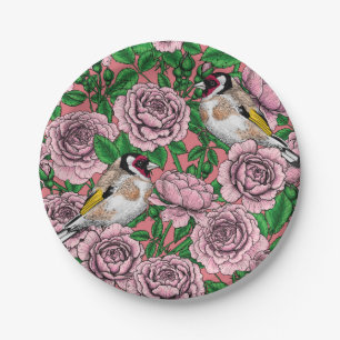 Pink Rose flowers and goldfinch birds Paper Plates