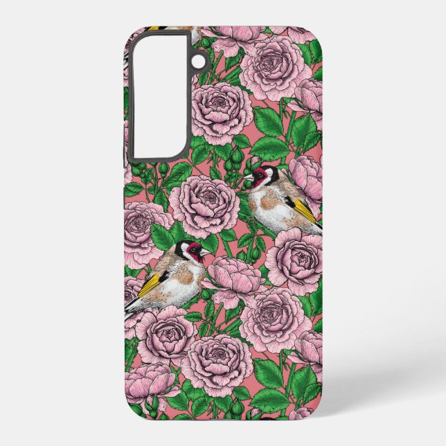 Pink Rose flowers and goldfinch birds Samsung Galaxy Case (Back)