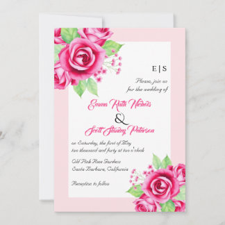 Pink rose flowers and QR code floral wedding Invitation