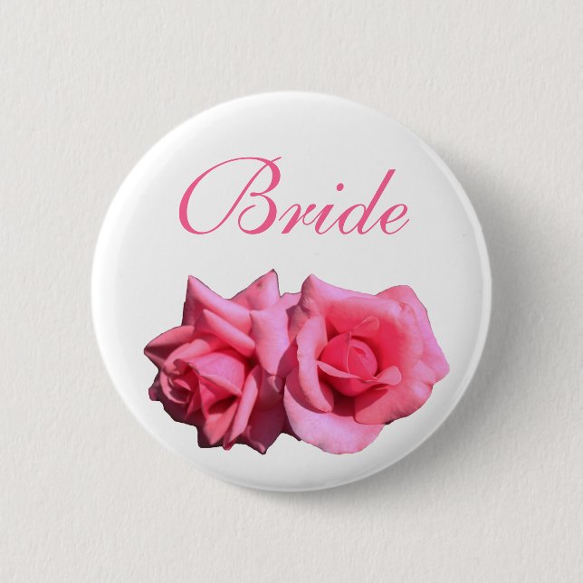 pink rose flowers bride or groom wedding button (Front)