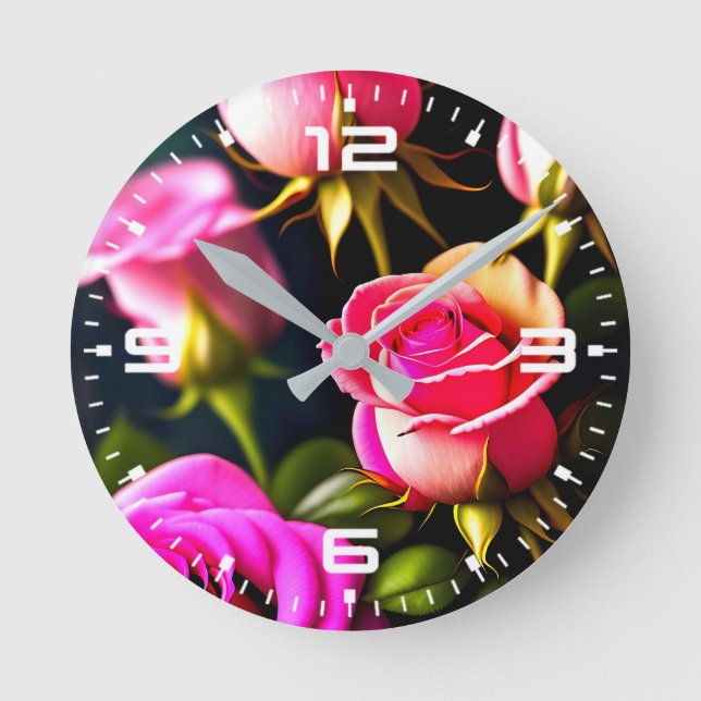 Pink Rose Flowers Digital Artwork-48345 Round Clock (Front)
