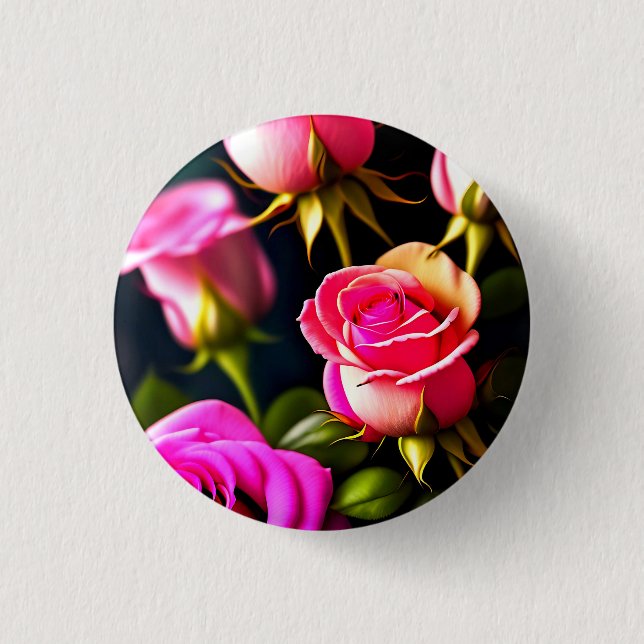 Pink Rose Flowers Digital Artwork Button (Front)