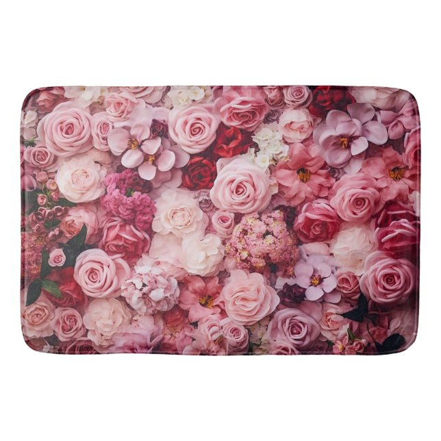 Pink Rose Flowers Elegant Girly Bath Mat (Front)