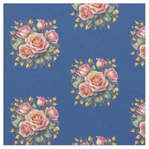 Pink Rose Flowers Floral Patterned Elegant Blue Fabric