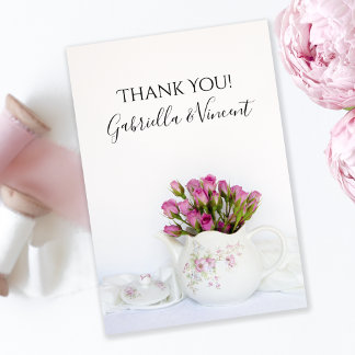 Pink Rose Flowers in Teapot Wedding Thank You Note Card
