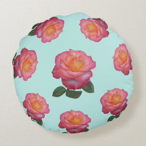 Pink Rose Flowers on Light Blue Round Pillow