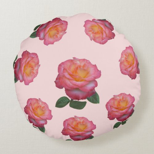 Pink Rose Flowers on Light Pink Round Pillow