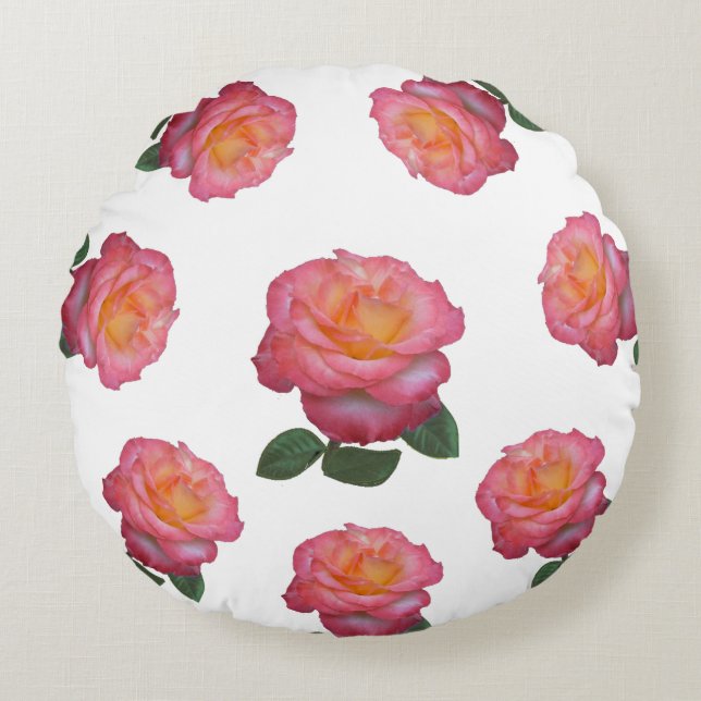 Pink Rose Flowers on White Round Pillow (Front)