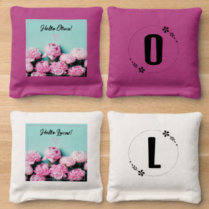 Pink Rose Flowers Personalized Name Cornhole Bags