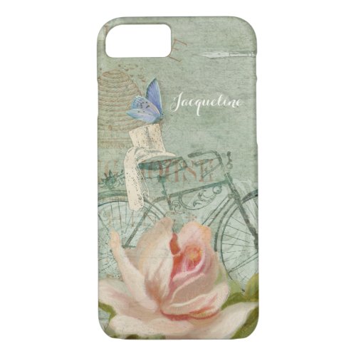 Pink Rose Flowers Vintage Bicycle Grey Wood iPhone 87 Case