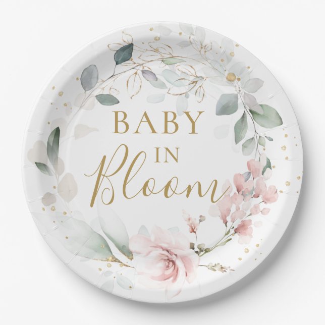 Pink Rose Foliage Baby Shower Paper Plates (Front)