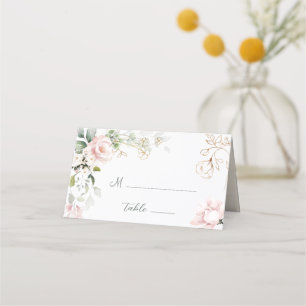 Pink Rose Foliage Wedding Folded Place Card