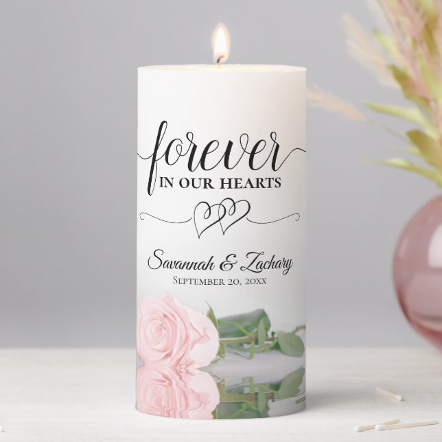 Pink Rose Forever in our Hearts Wedding Memorial Pillar Candle (In Situ)